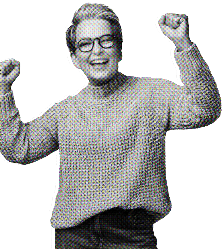 Portrait of overjoyed funky woman wear pink pullover in eyewear clenching fists win lottery isolated on turquoise color background